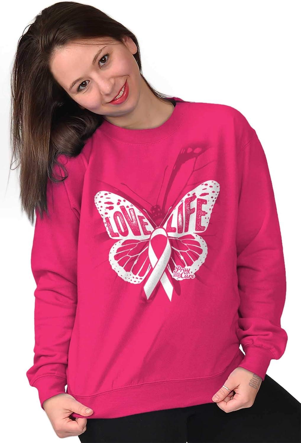 imageClassic Teaze Love Life Butterfly Breast Cancer Women Crewneck SweatshirtHeliconia