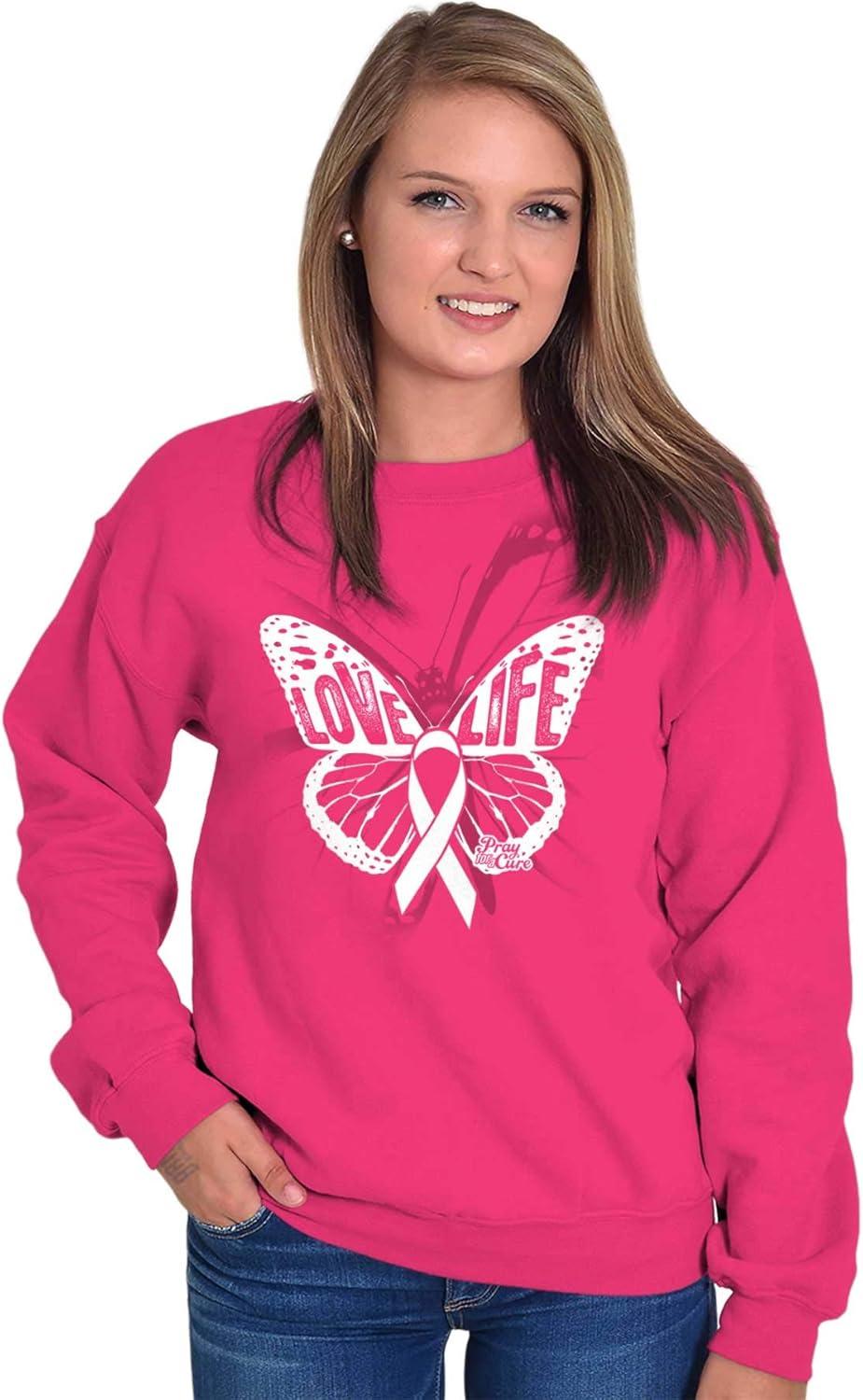 imageClassic Teaze Love Life Butterfly Breast Cancer Women Crewneck SweatshirtHeliconia