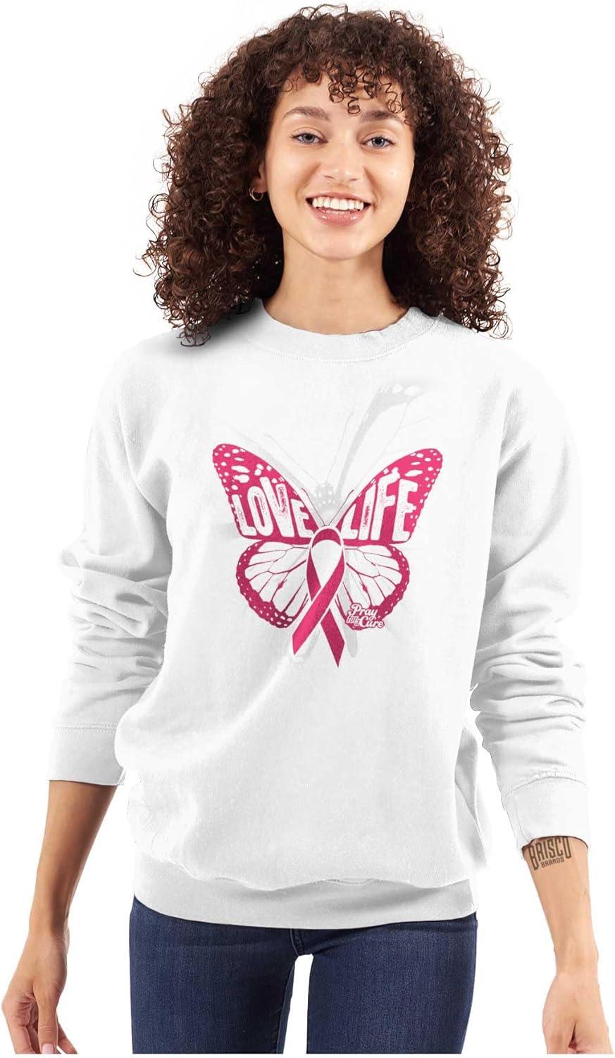 imageClassic Teaze Love Life Butterfly Breast Cancer Women Crewneck SweatshirtWhite