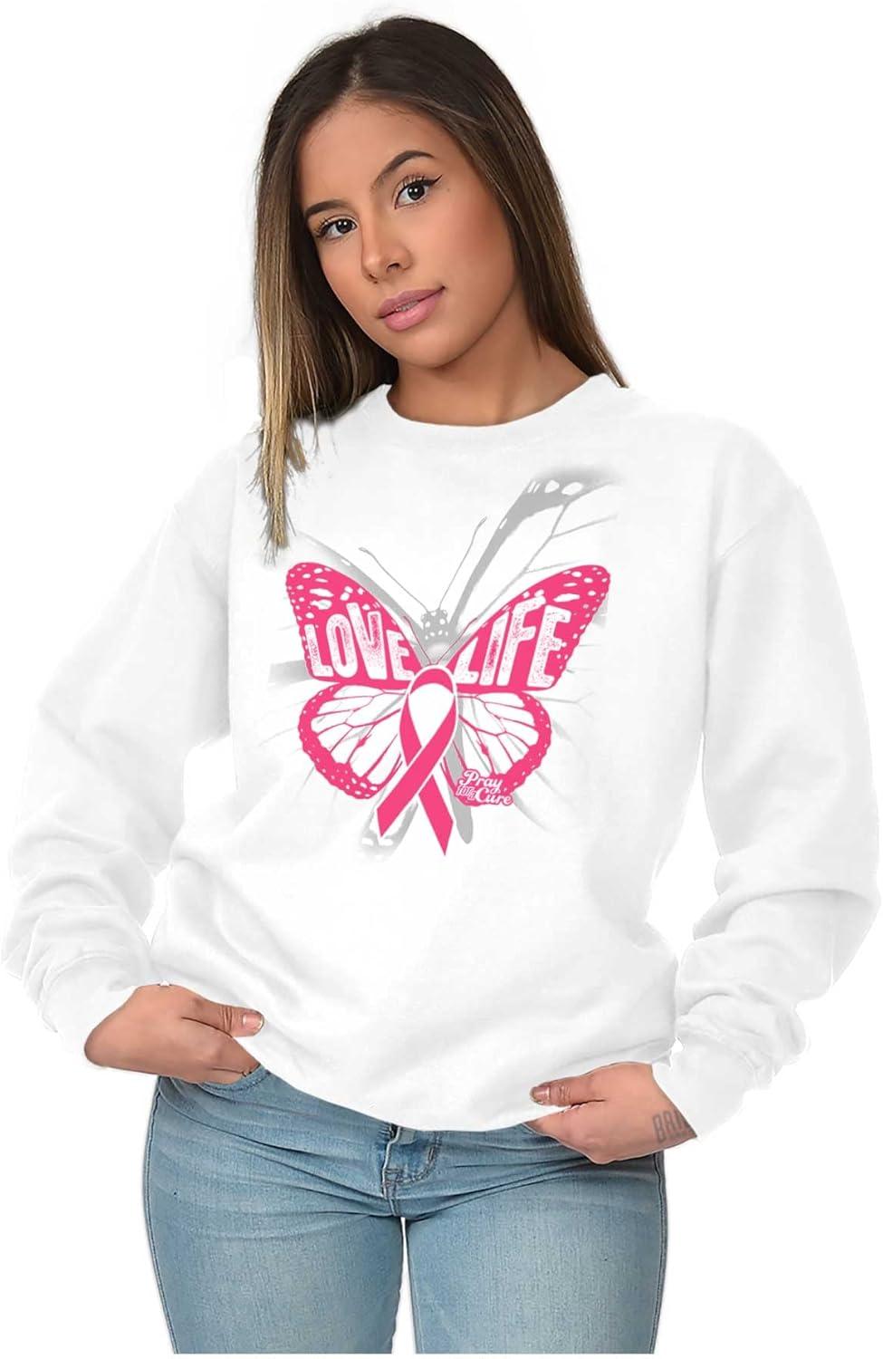 imageClassic Teaze Love Life Butterfly Breast Cancer Women Crewneck SweatshirtWhite