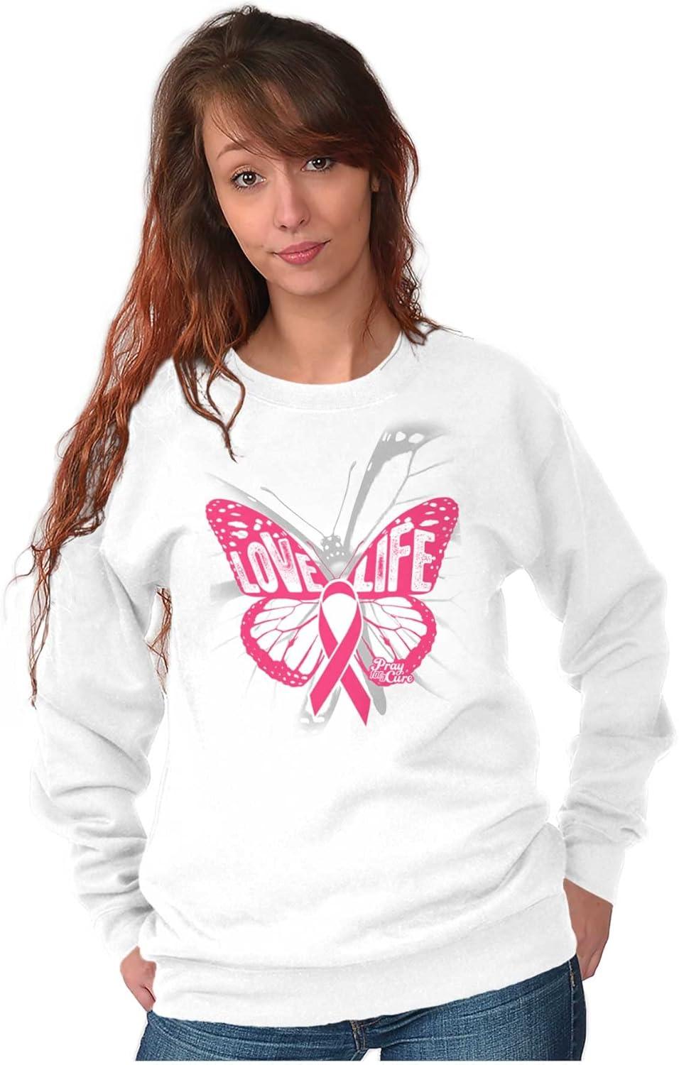 imageClassic Teaze Love Life Butterfly Breast Cancer Women Crewneck SweatshirtWhite