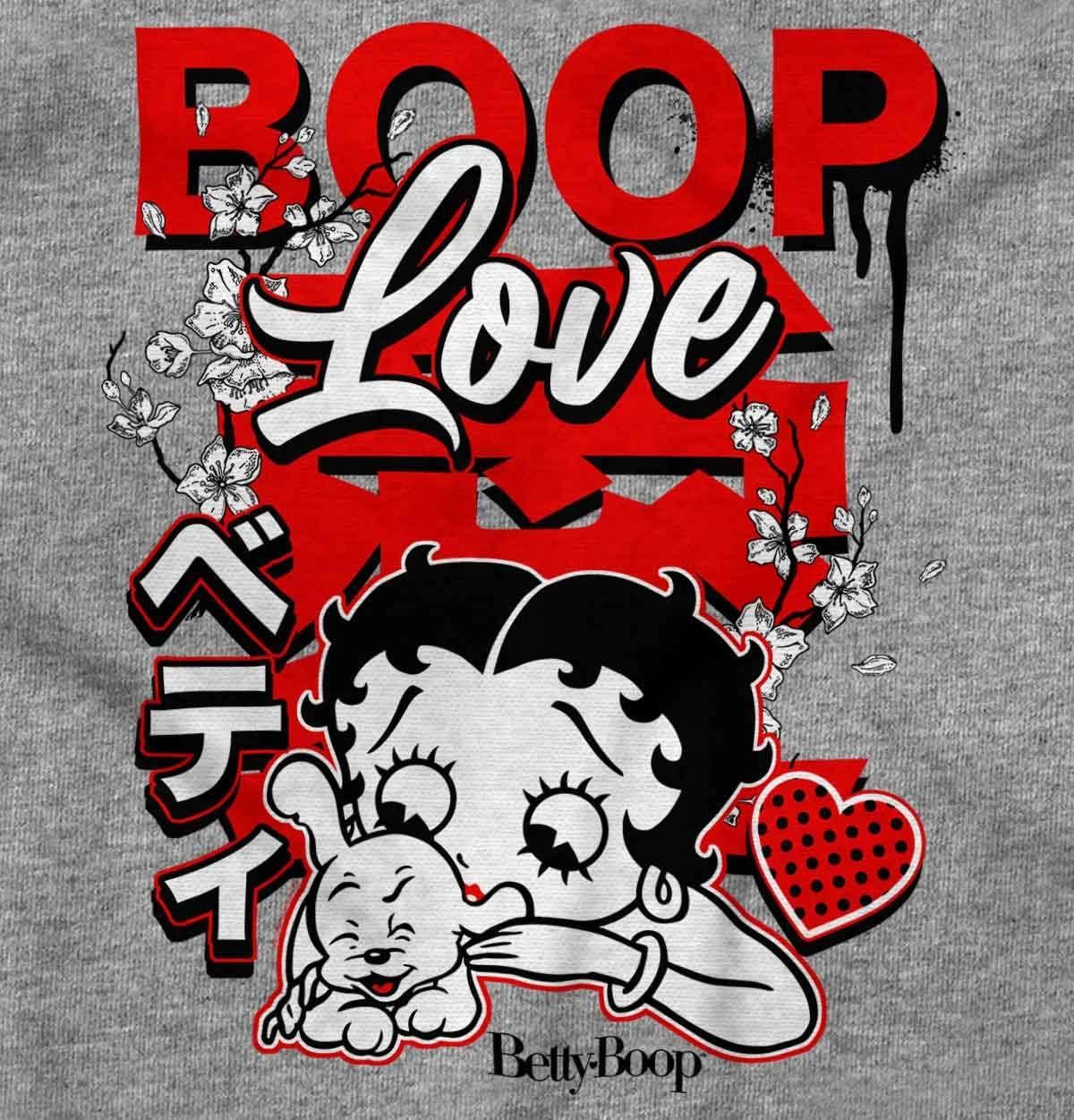 imageCool Kanji Style Betty Boop Love Juniors Lettuce Trim Crop Top Womens Baby TeeSport Grey