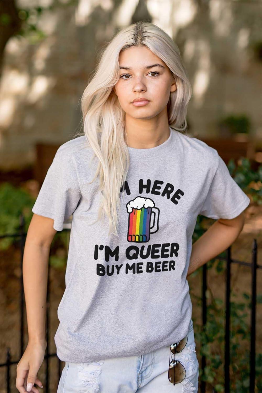 imageHere Queer Buy Me Beer Funny Drinking Graphic T Shirt Men or WomenSport Grey