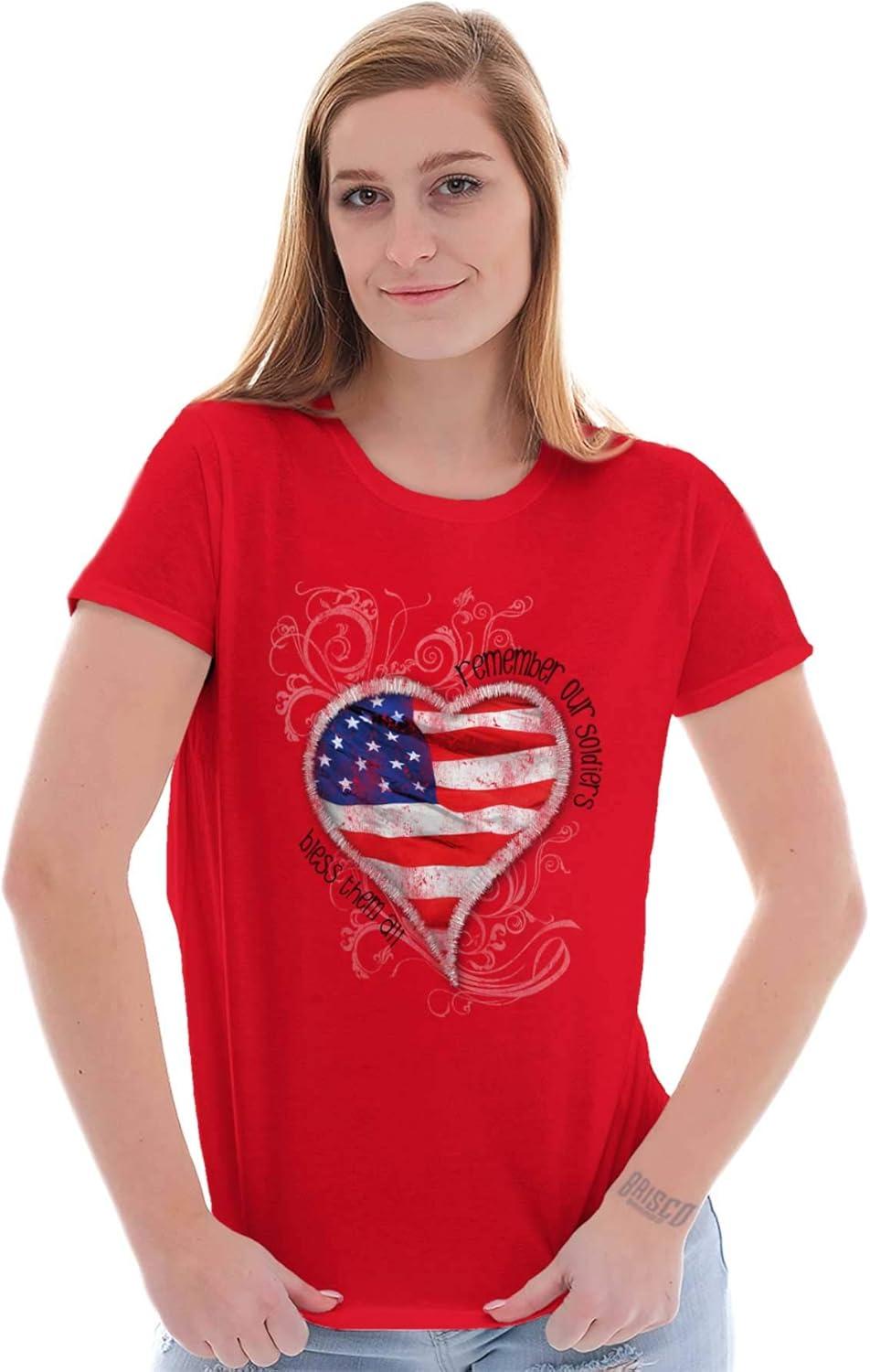 imageRemember Our Soldiers USA Flag Heart Womens Slim Fit Graphic TeeRed