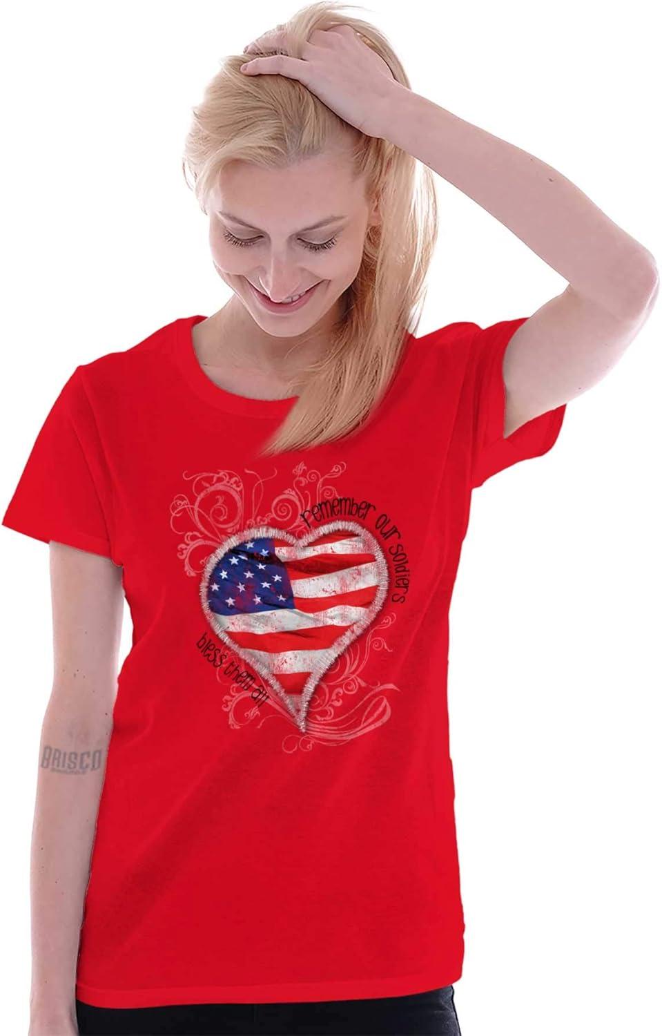 imageRemember Our Soldiers USA Flag Heart Womens Slim Fit Graphic TeeRed