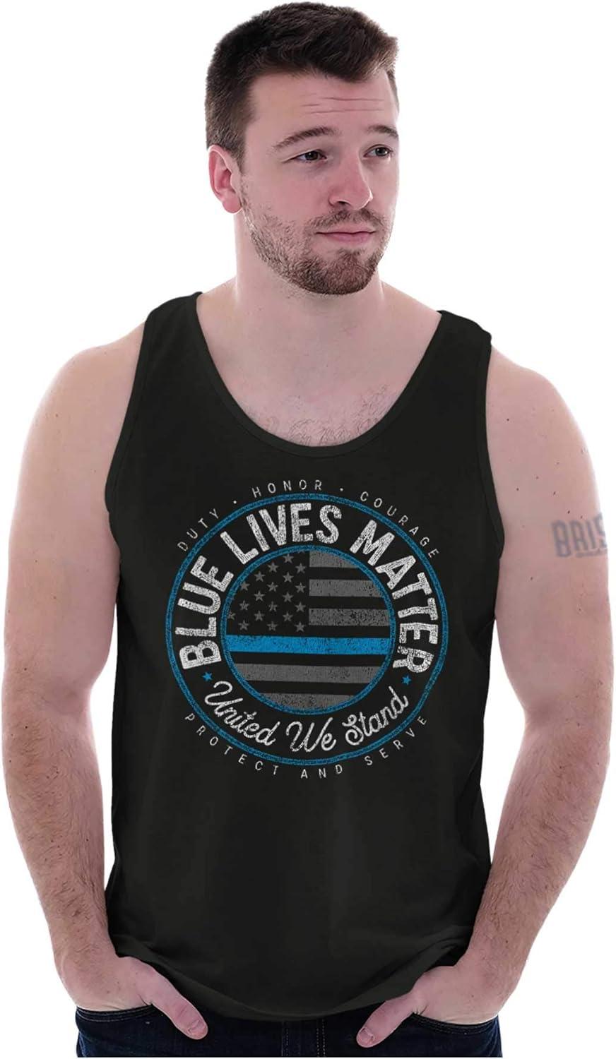 imageUnited We Stand Blue Line USA Flag Tank Top T Shirts Men WomenBlack