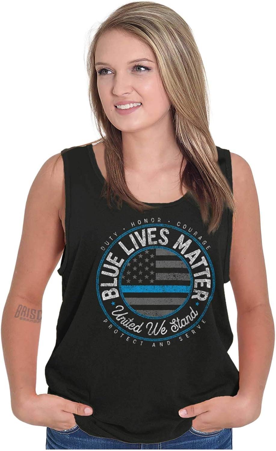 imageUnited We Stand Blue Line USA Flag Tank Top T Shirts Men WomenBlack