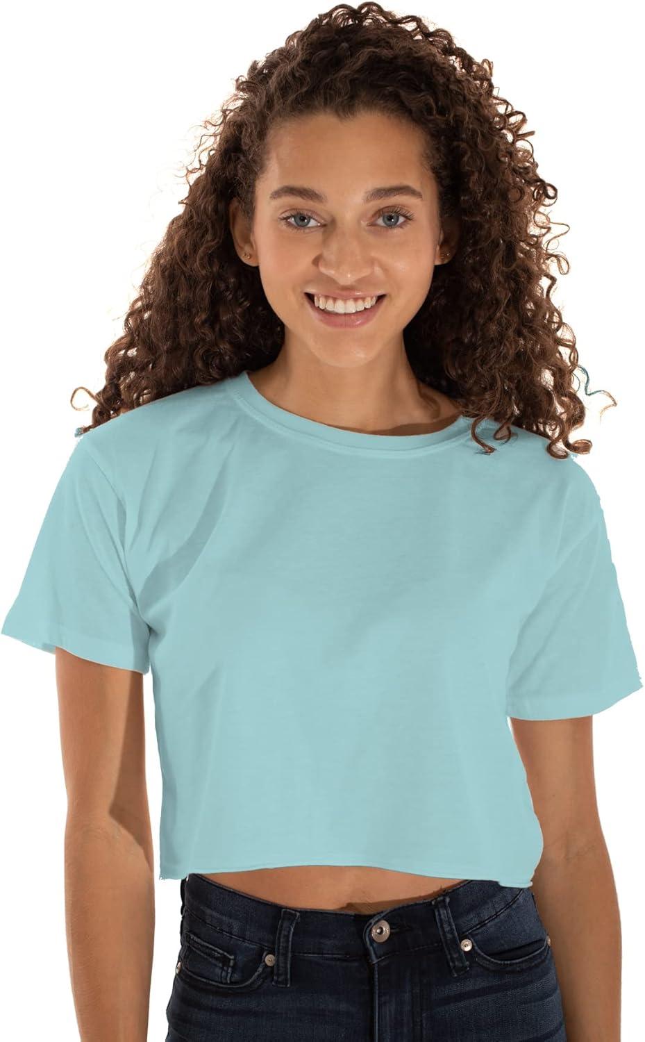 imageWomens Raw Edge Crop Top Juniors Short Sleeve Crewneck TShirtAqua