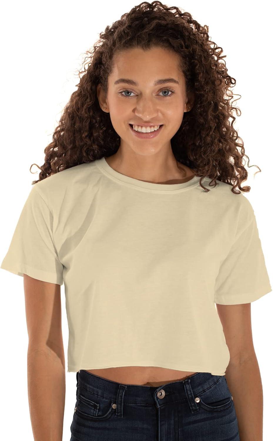 imageWomens Raw Edge Crop Top Juniors Short Sleeve Crewneck TShirtBanana