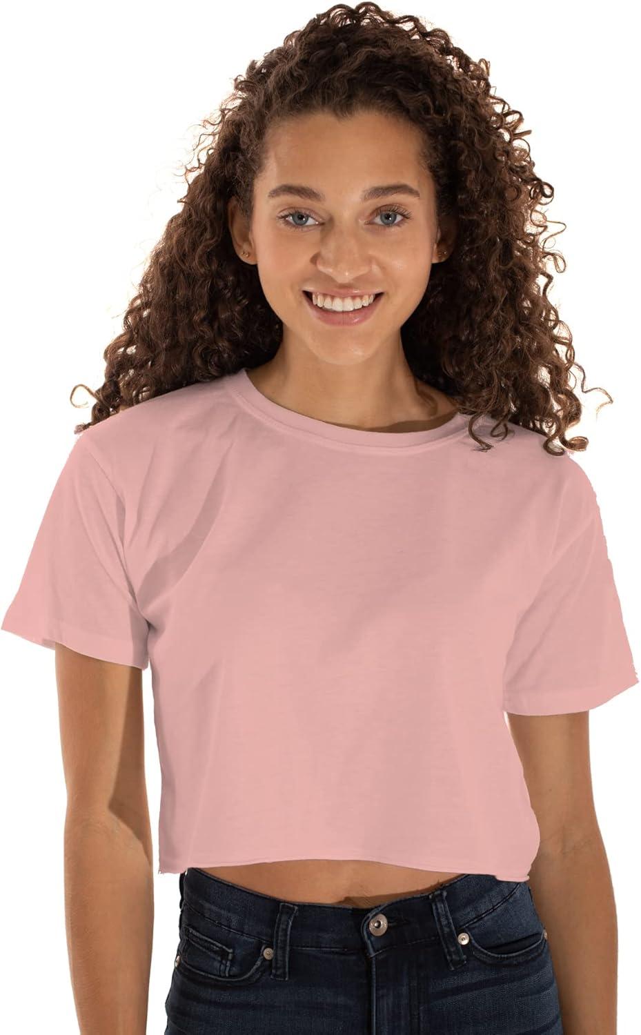 imageWomens Raw Edge Crop Top Juniors Short Sleeve Crewneck TShirtCoral