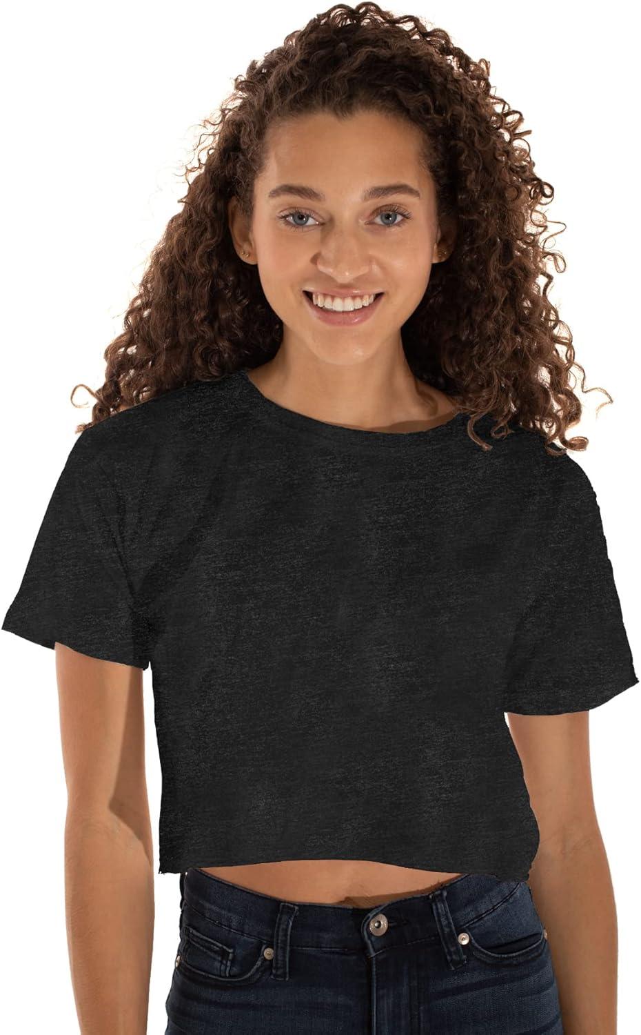 imageWomens Raw Edge Crop Top Juniors Short Sleeve Crewneck TShirtDark Heather