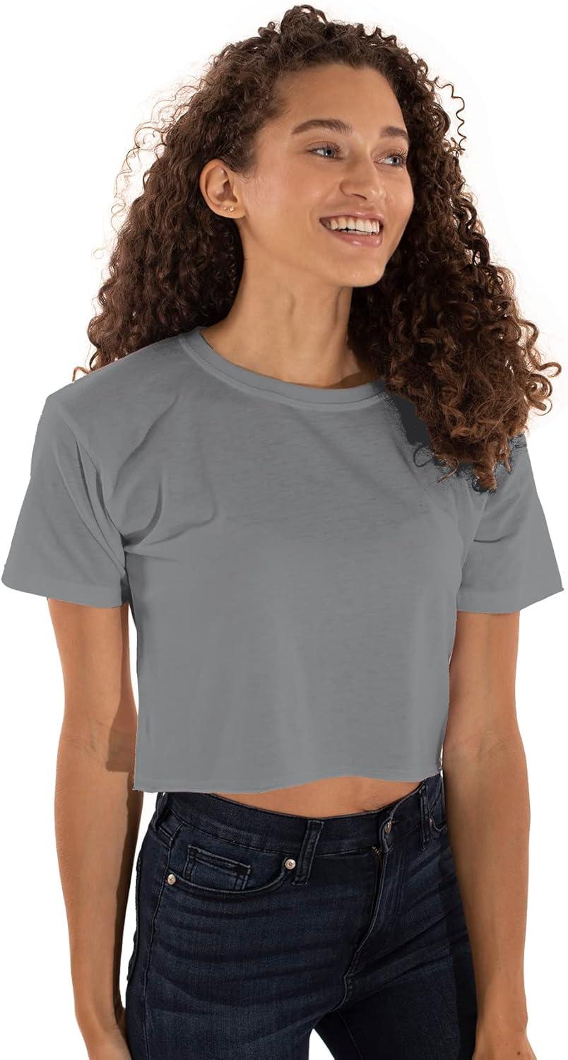 imageWomens Raw Edge Crop Top Juniors Short Sleeve Crewneck TShirtGravel