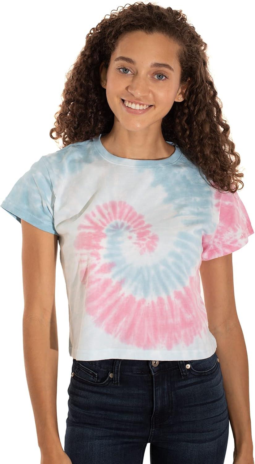imageWomens Tie Dye Crop Top Juniors Colorful Spiral Short Sleeve Crewneck TShirtBubblegum