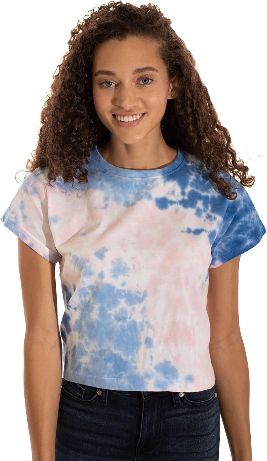 imageWomens Tie Dye Crop Top Juniors Colorful Spiral Short Sleeve Crewneck TShirtBubblegum Sky