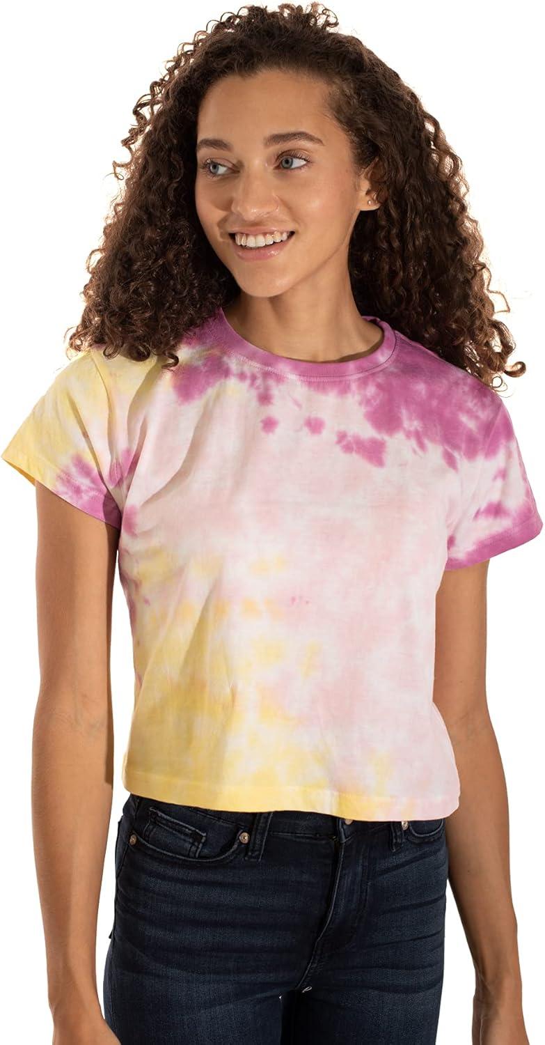 imageWomens Tie Dye Crop Top Juniors Colorful Spiral Short Sleeve Crewneck TShirtLemon Raspberry