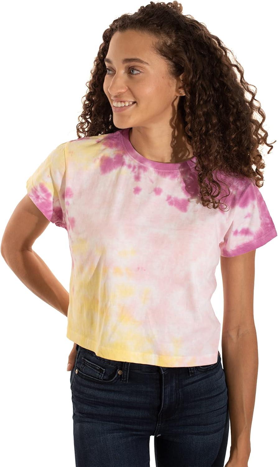 imageWomens Tie Dye Crop Top Juniors Colorful Spiral Short Sleeve Crewneck TShirtLemon Raspberry