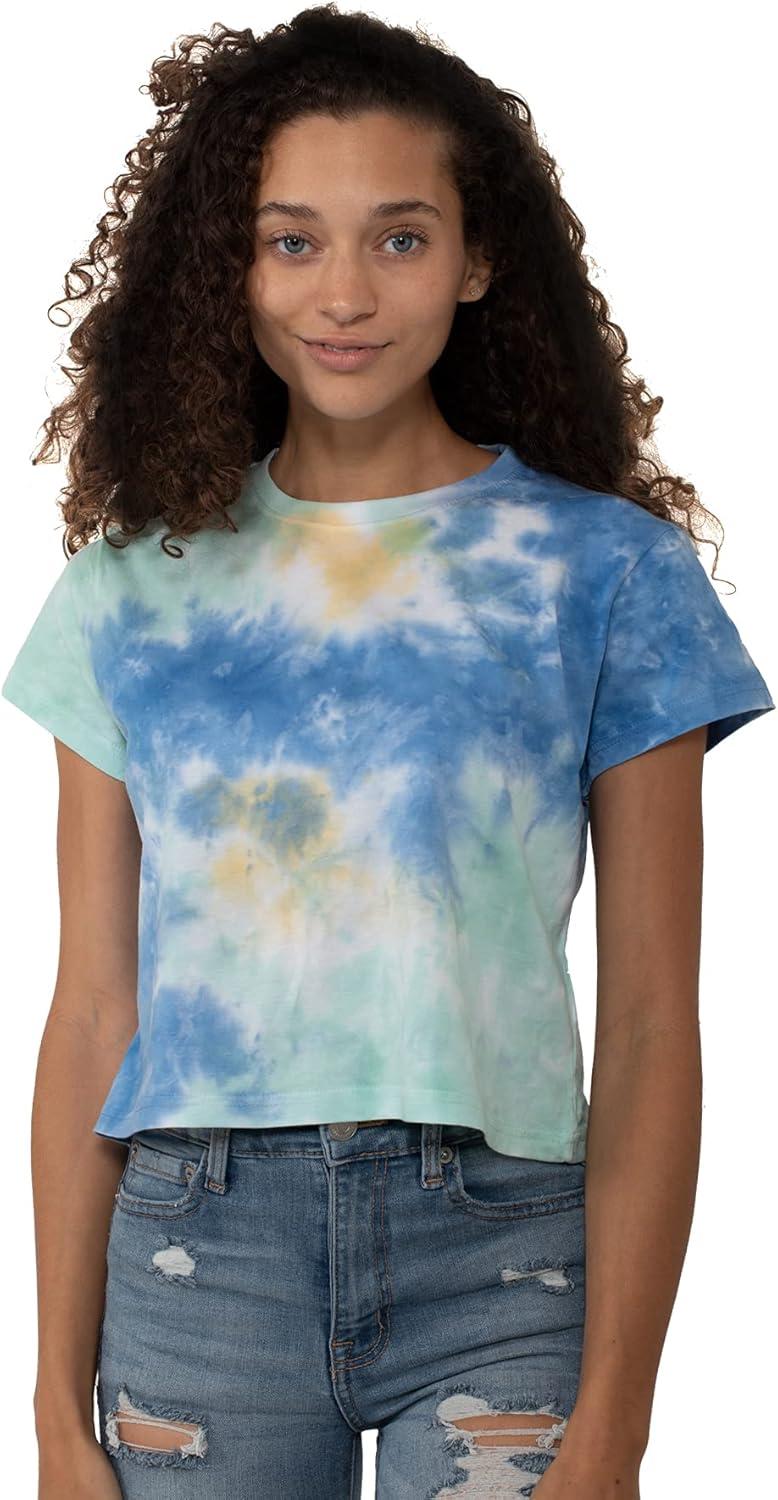 imageWomens Tie Dye Crop Top Juniors Colorful Spiral Short Sleeve Crewneck TShirtSunshower