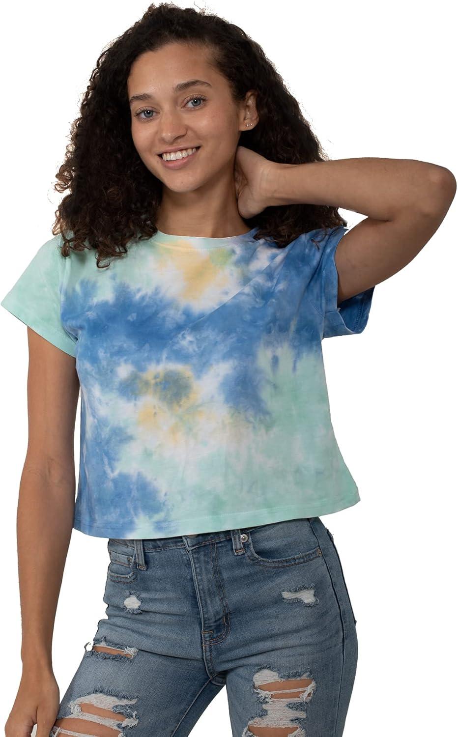 imageWomens Tie Dye Crop Top Juniors Colorful Spiral Short Sleeve Crewneck TShirtSunshower