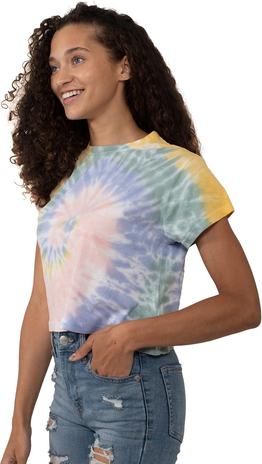 imageWomens Tie Dye Crop Top Juniors Colorful Spiral Short Sleeve Crewneck TShirtVacation Vibes