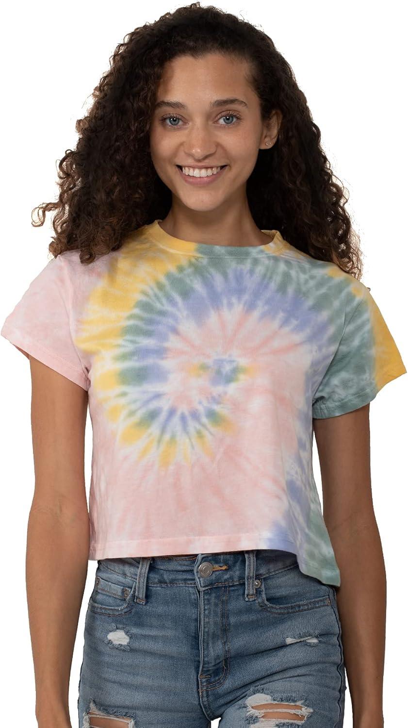 imageWomens Tie Dye Crop Top Juniors Colorful Spiral Short Sleeve Crewneck TShirtVacation Vibes