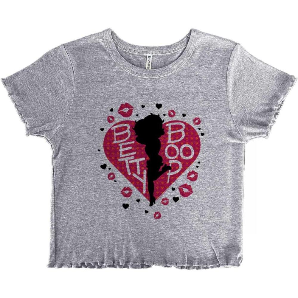 imageBetty Boop Fans Lovers Cute Heart Juniors Lettuce Trim Crop Top Womens Baby TeeSport Grey