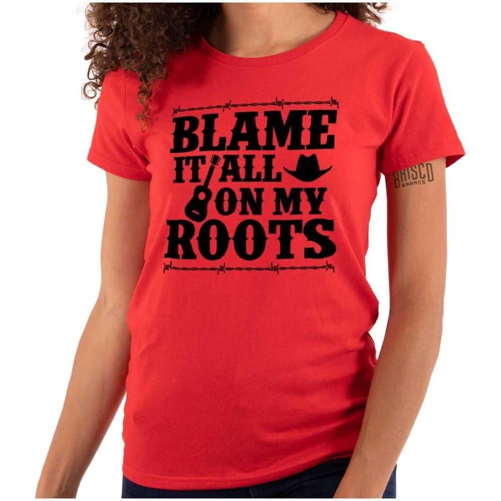 imageBlame It On My Roots Country Music Womens Slim Fit Graphic TeeRed