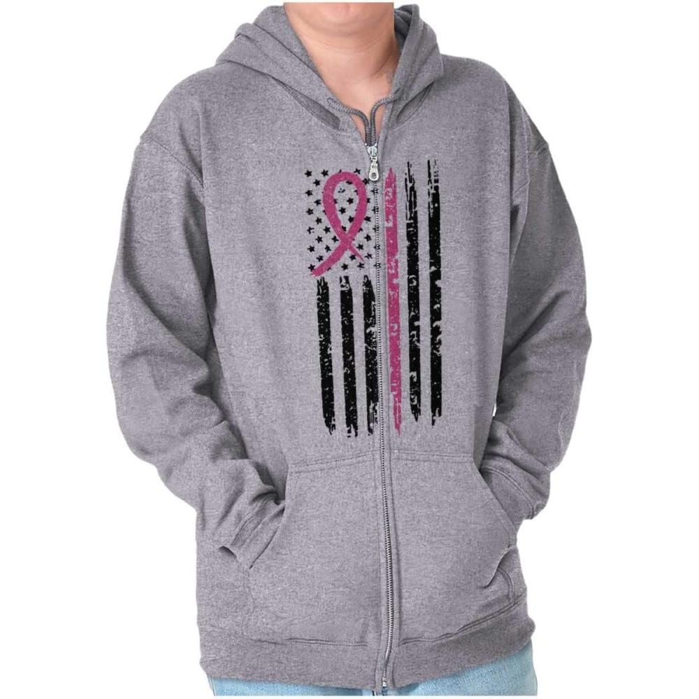 imageBreast Cancer Pink Line American Flag Zip Up Hoodie Mens WomensSport Grey