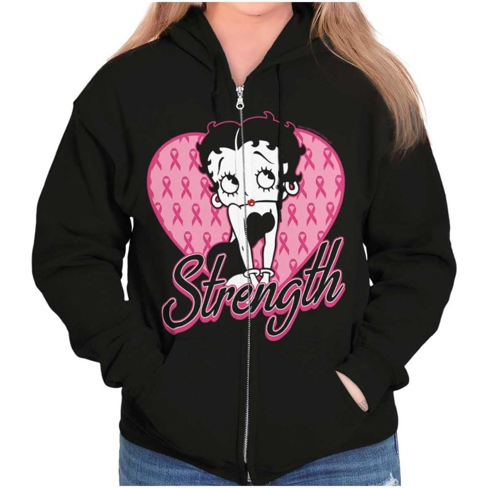 imageBrisco Brands Betty Boop Breast Cancer Strength Zip Hoodie Sweatshirt Women