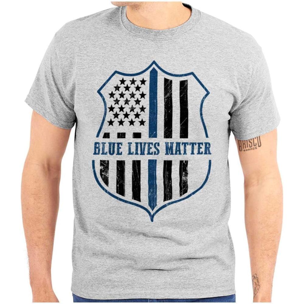 imageBrisco Brands Blue Line American Flag Police Badge Graphic T Shirt Men or WomenSport Grey