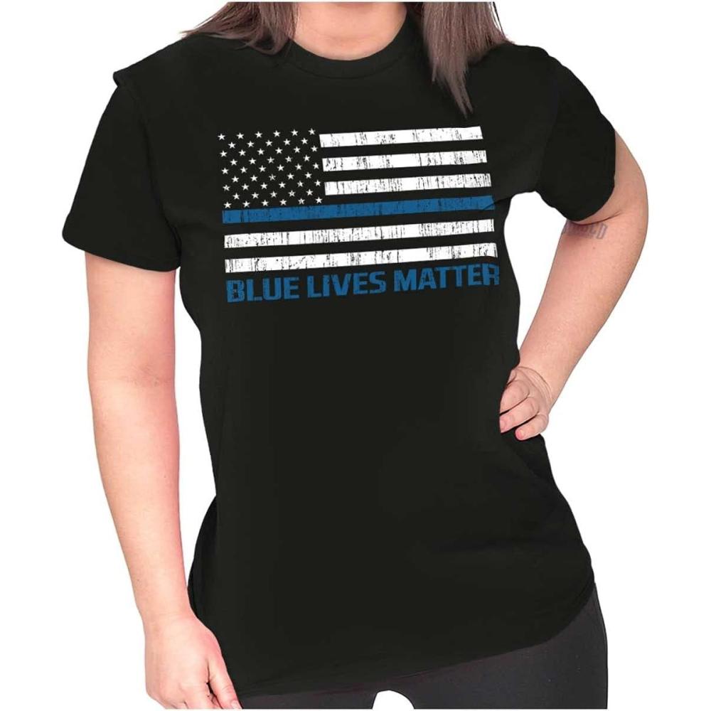 imageBrisco Brands Blue Line American Flag Support Womens Slim Fit Graphic TeeBlack