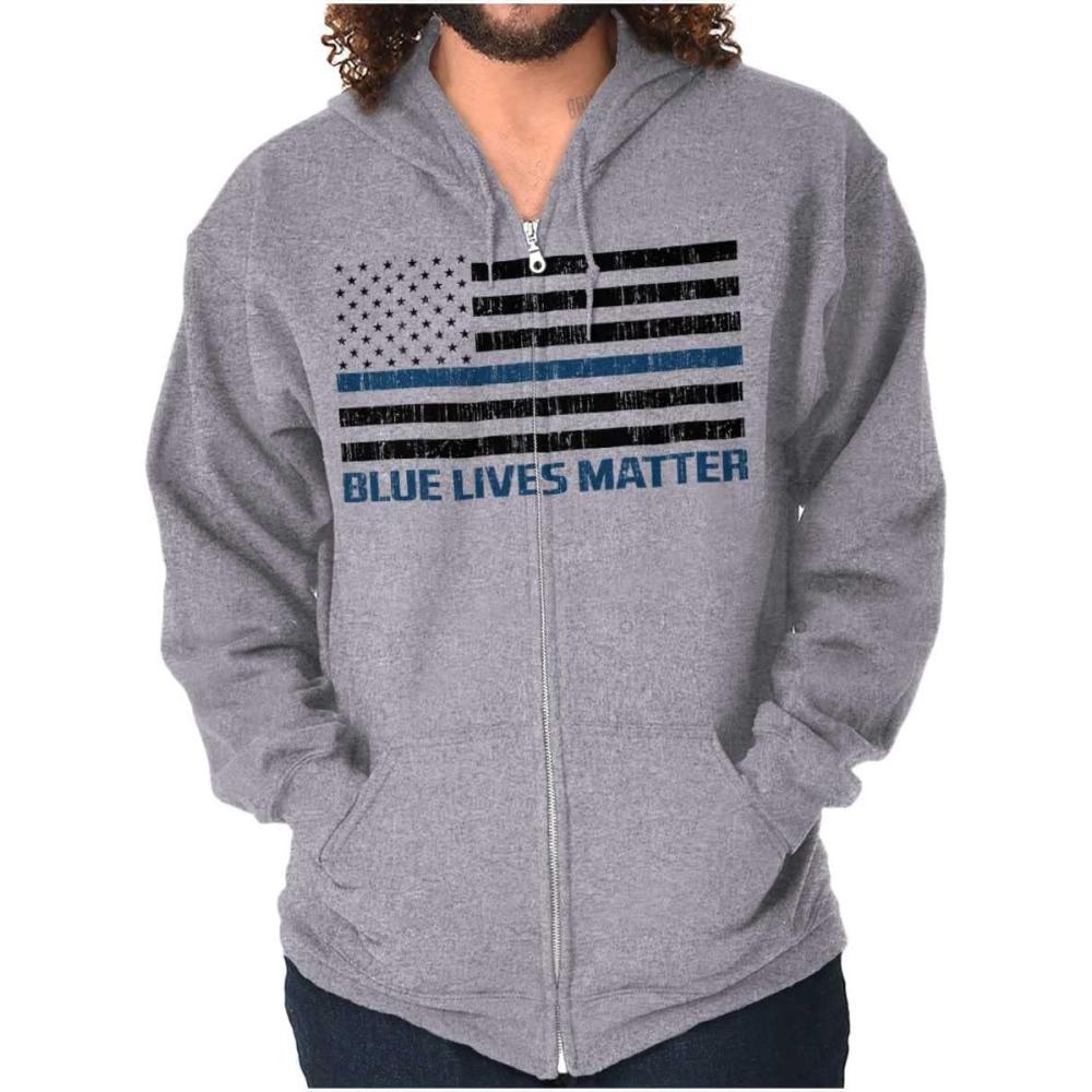 imageBrisco Brands Blue Line American Flag Support Zip Up Hoodie Mens WomensSport Grey