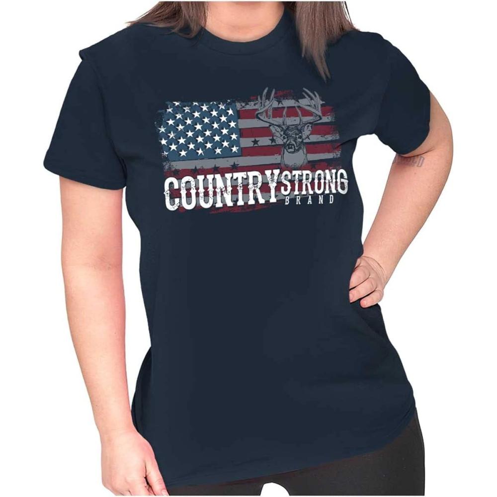 imageBrisco Brands Country Strong Flag Deer Southwestern Womens Slim Fit Graphic TeeNavy