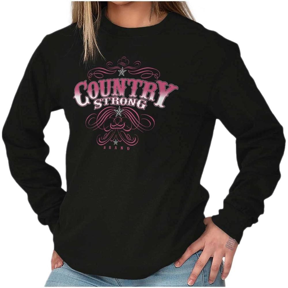 imageBrisco Brands Country Strong Western Stars Cowgirl Womens Long Sleeve T ShirtBlack