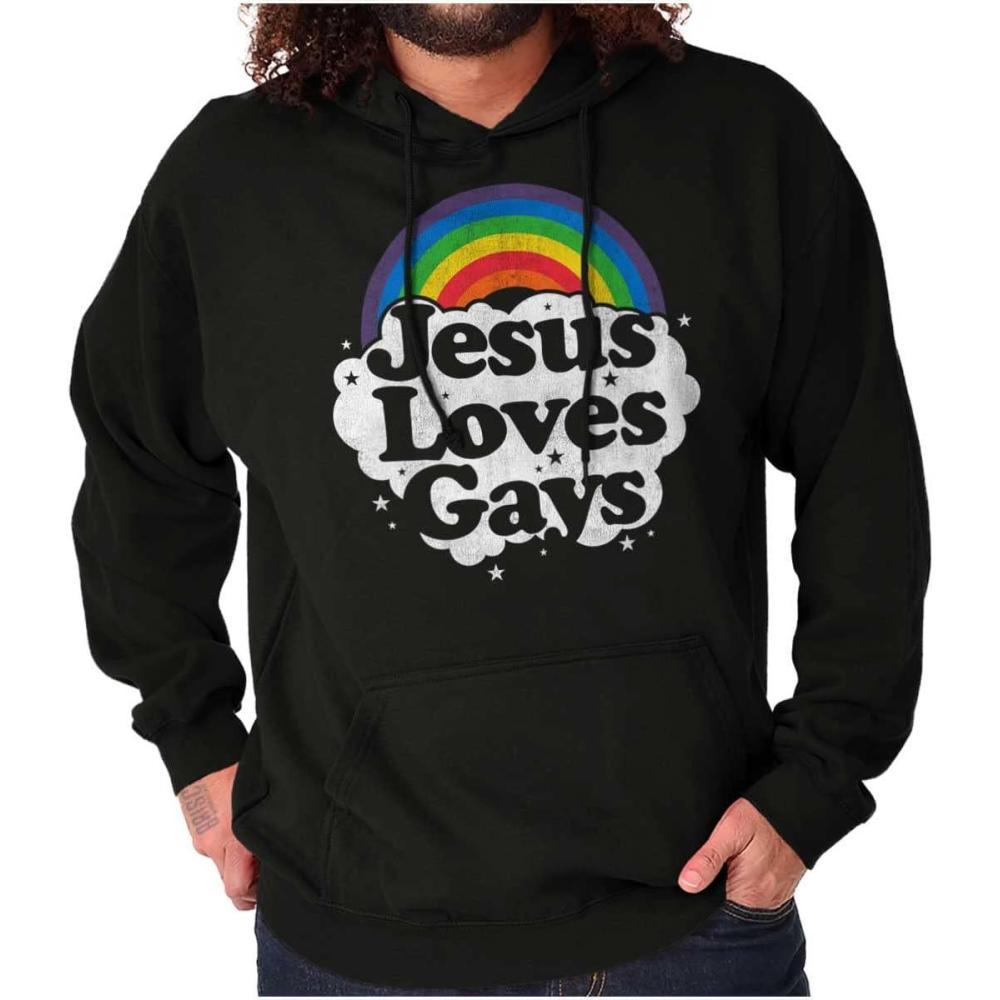 imageBrisco Brands Jesus Loves Gays Rainbow Retro Fun Hoodie Sweatshirt Women MenBlack