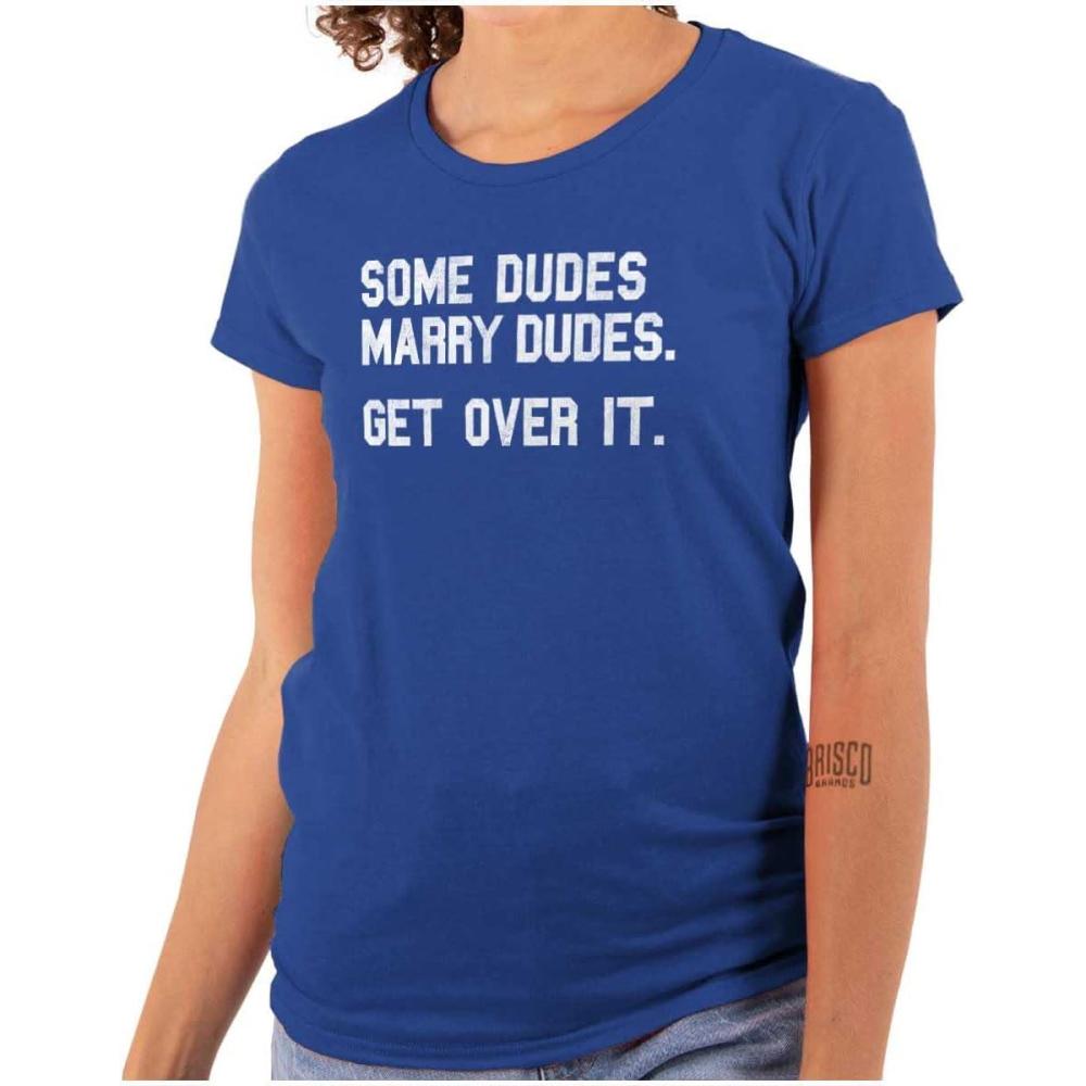 imageBrisco Brands Some Dudes Get Married LGBTQ Pride Womens Slim Fit Graphic TeeRoyal
