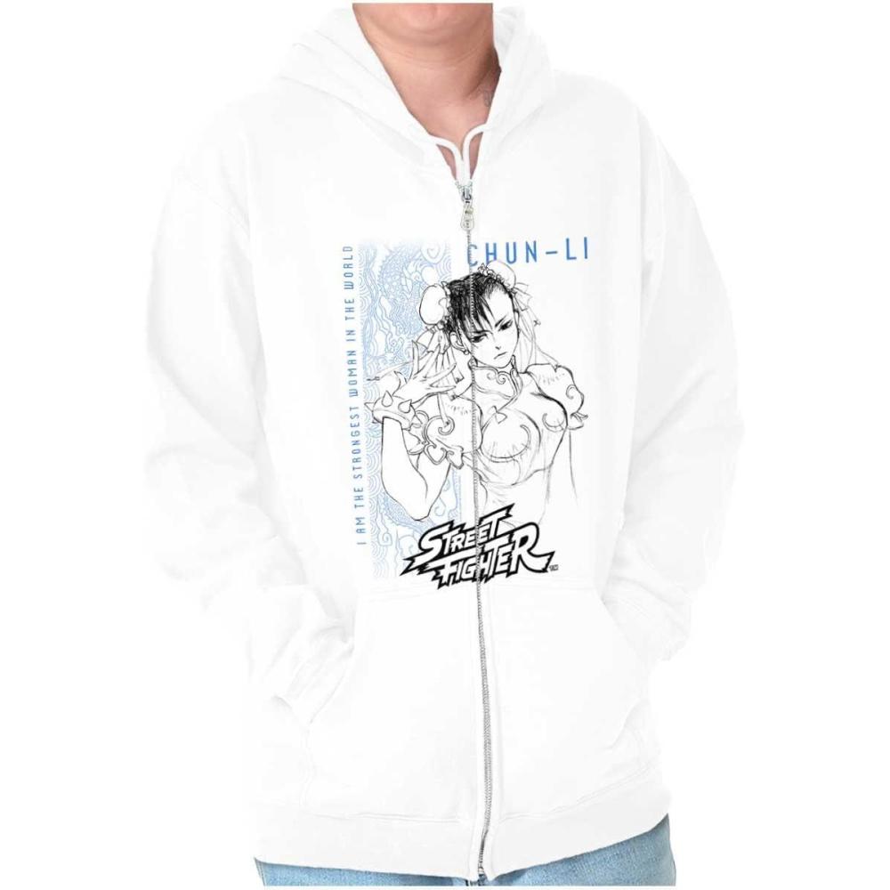 imageBrisco Brands Street Fighter ChunLi Strongest Zip Up Hoodie Mens WomensWhite