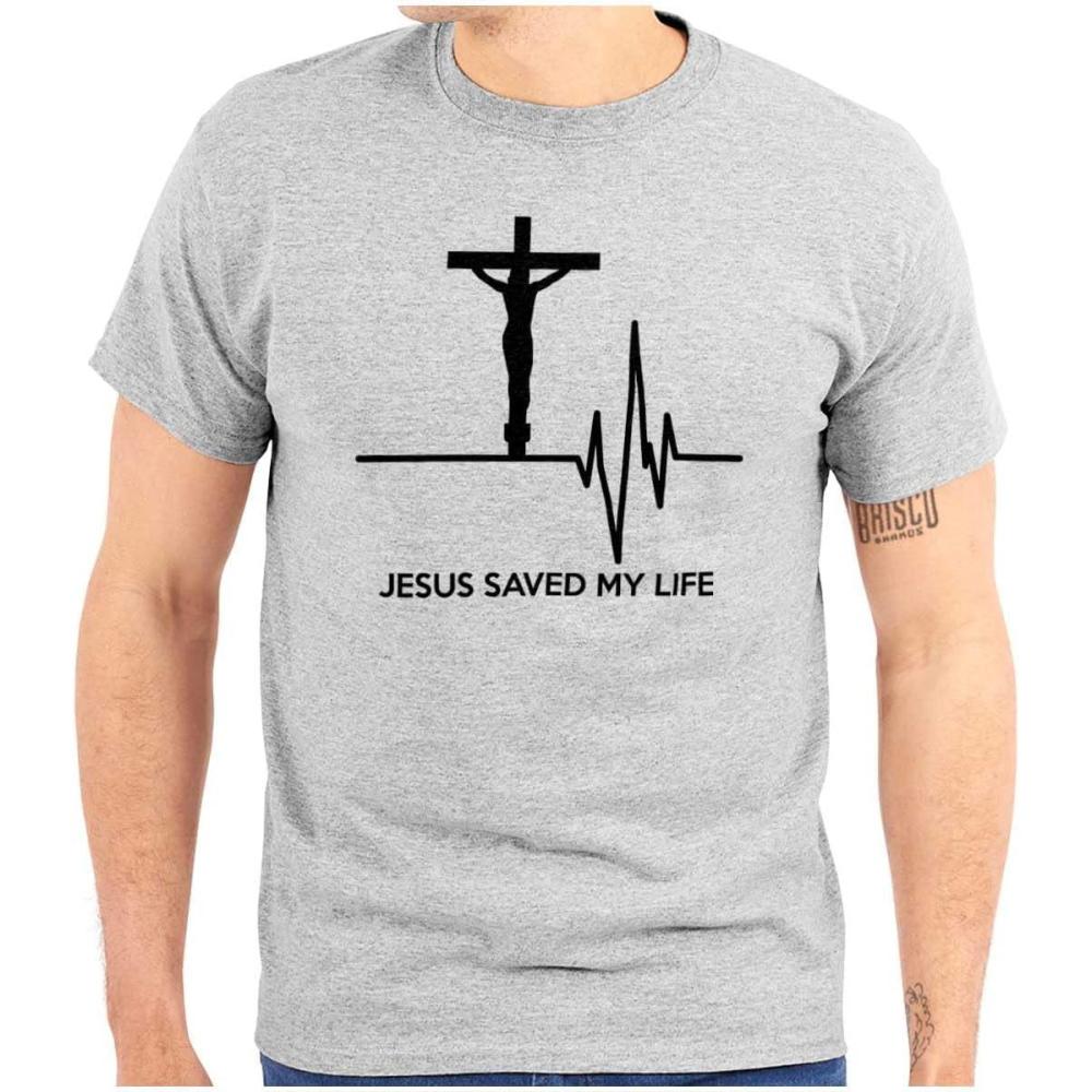 imageChristian Strong Jesus Saved My Life Crucifix Graphic T Shirt Men or WomenSport Grey