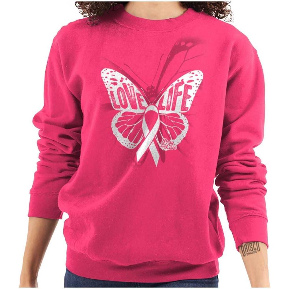 imageClassic Teaze Love Life Butterfly Breast Cancer Women Crewneck SweatshirtHeliconia