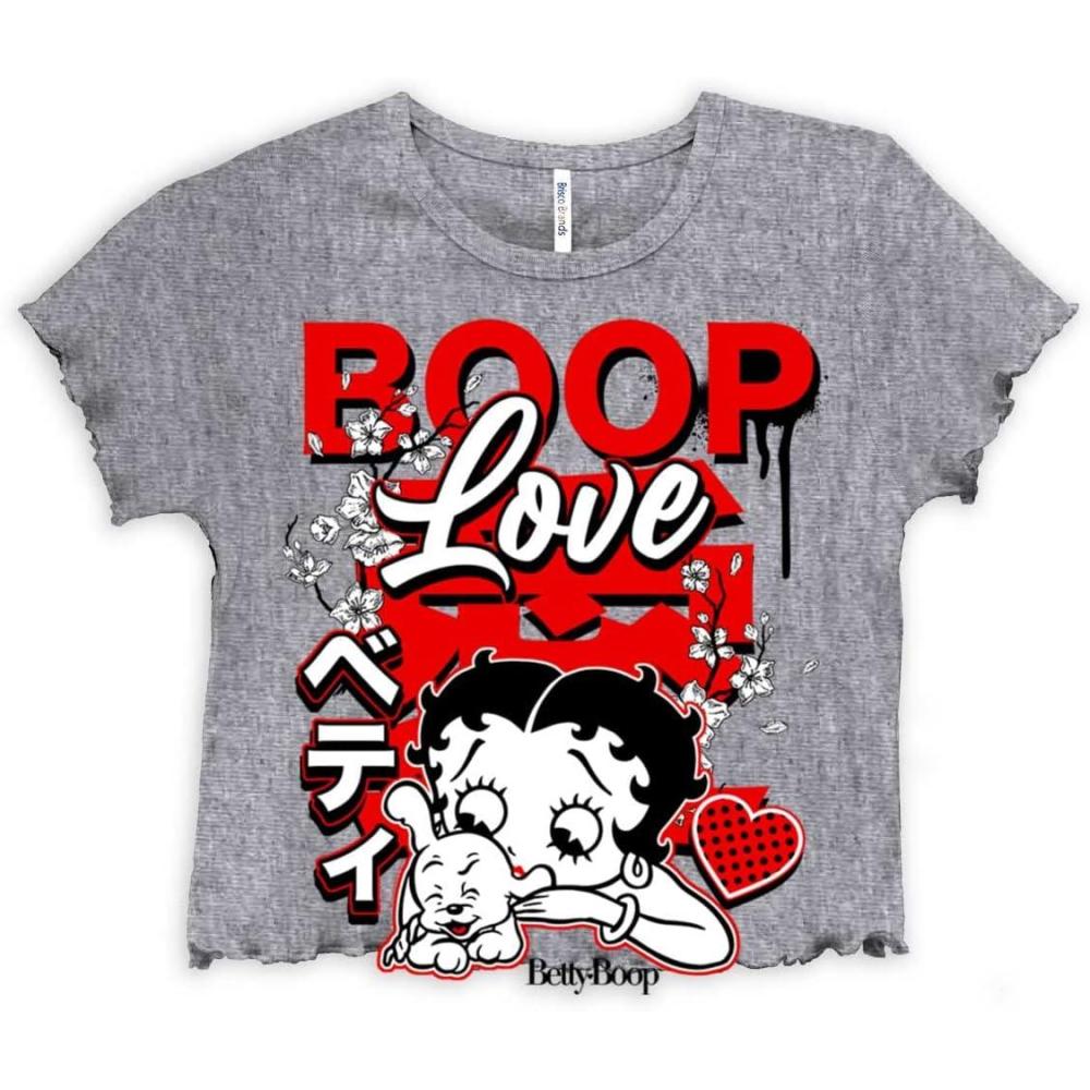 imageCool Kanji Style Betty Boop Love Juniors Lettuce Trim Crop Top Womens Baby TeeSport Grey