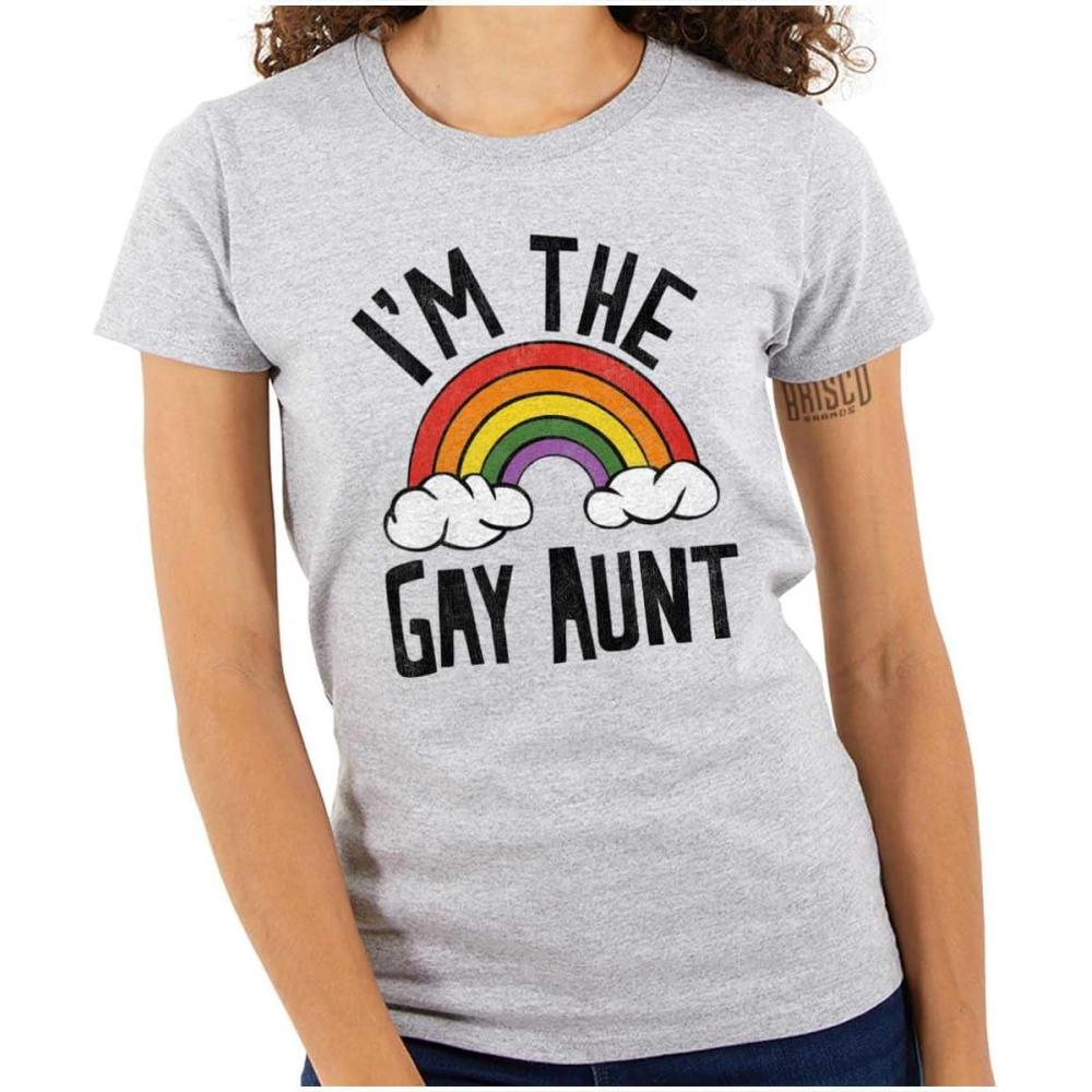 imageCute Rainbow Proud LGBTQ Gay Auntie Womens Slim Fit Graphic TeeSport Grey