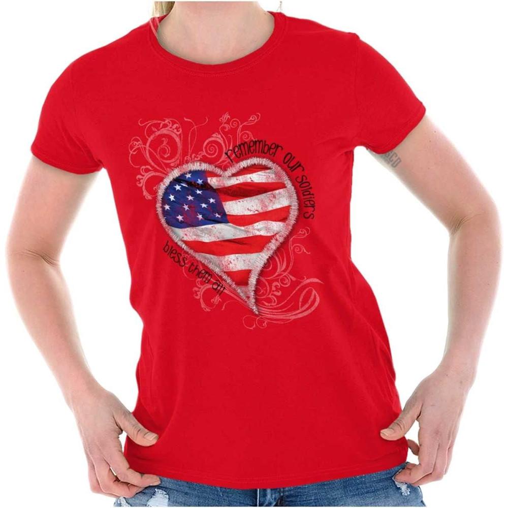imageRemember Our Soldiers USA Flag Heart Womens Slim Fit Graphic TeeRed