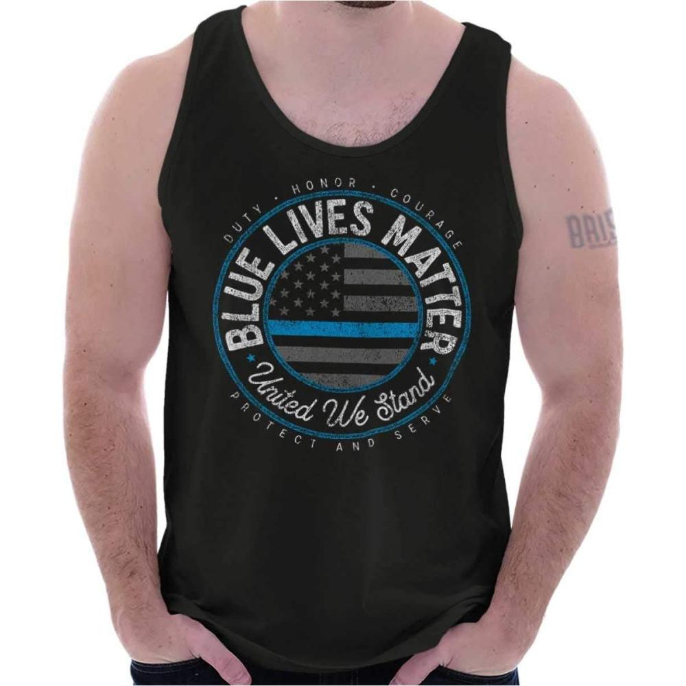 imageUnited We Stand Blue Line USA Flag Tank Top T Shirts Men WomenBlack