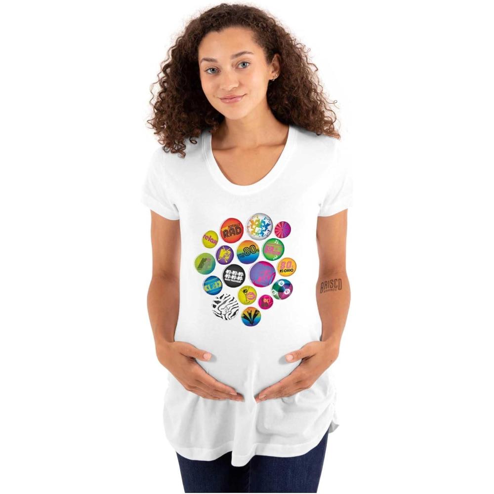 imageWomens Maternity 80s Retro MTV Logo Colorful Buttons T Shirt Tee
