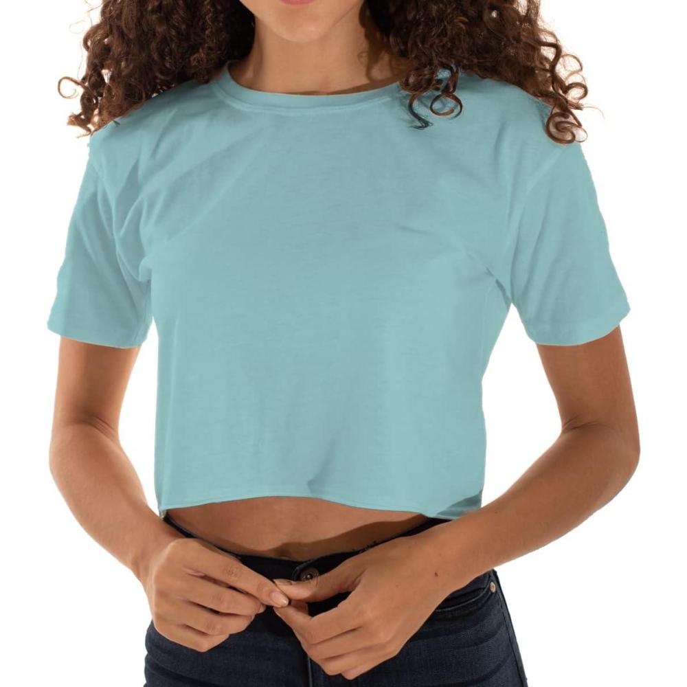 imageWomens Raw Edge Crop Top Juniors Short Sleeve Crewneck TShirtAqua