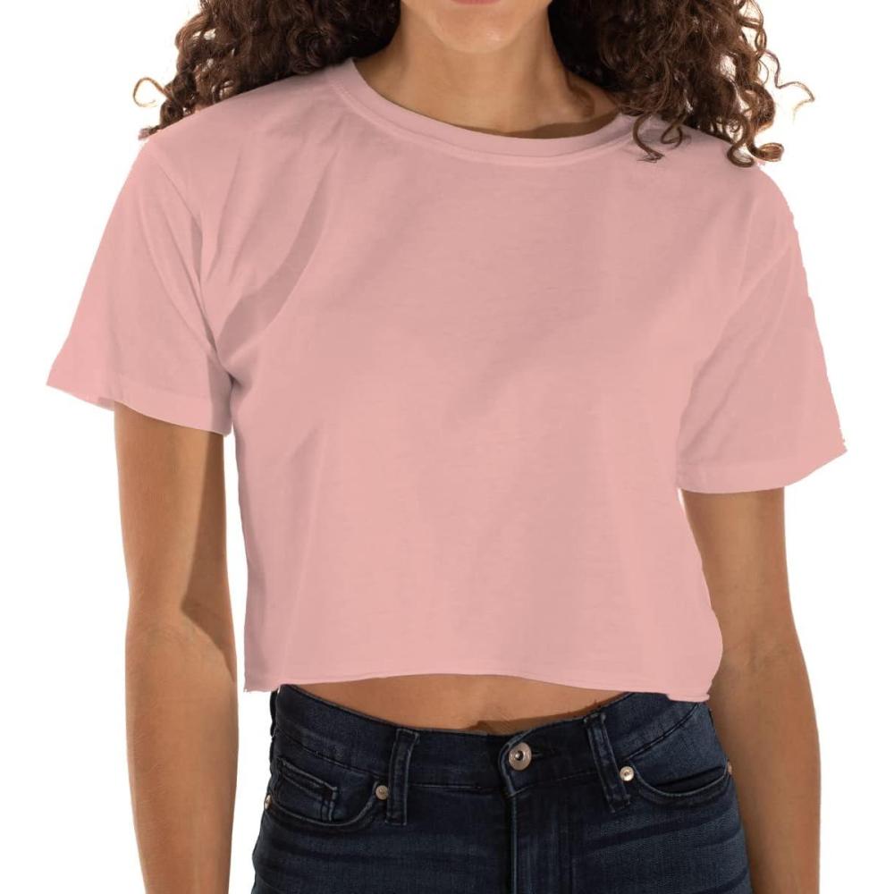 imageWomens Raw Edge Crop Top Juniors Short Sleeve Crewneck TShirtCoral