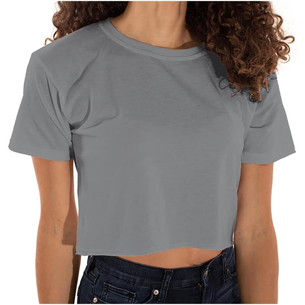imageWomens Raw Edge Crop Top Juniors Short Sleeve Crewneck TShirtGravel
