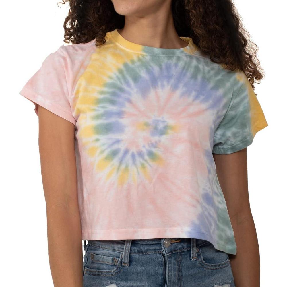 imageWomens Tie Dye Crop Top Juniors Colorful Spiral Short Sleeve Crewneck TShirtVacation Vibes