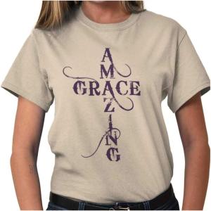 Amazing Grace Words in Cross Cute Womens Graphic T Shirt Tees(Sand)