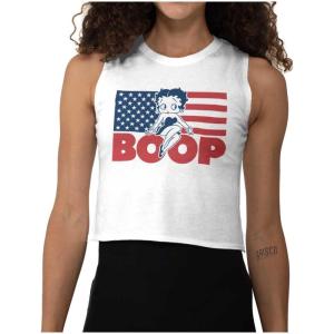 Betty Boop American Flag Patriotic Womens Basic Cropped Tank Top(White)