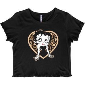 Betty Boop Leopard Print Heart Juniors Lettuce Trim Crop Top Womens Baby Tee(Black)